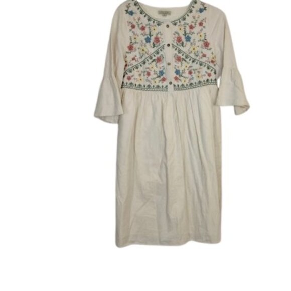 Polygram Womens Midi Dress Cream Floral Embroidered Cottagecore Boho Pockets M - Picture 2 of 4